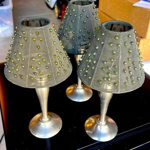 3 piece tea light candle set - silver candle stick w emerald green breaded lamp